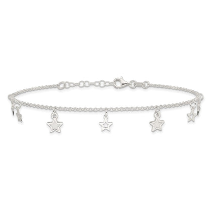Sterling Silver Polished And Textured Star 9In Plus 1In Ext. Anklet