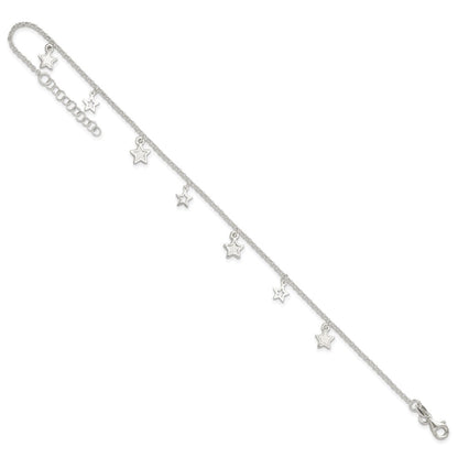 Sterling Silver Polished And Textured Star 9In Plus 1In Ext. Anklet