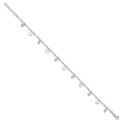 Sterling Silver Pink Glass Beads And Polished Hearts 9 Inch Anklet With 1 Extension