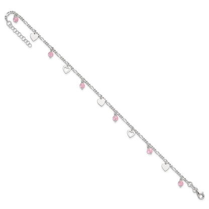 Sterling Silver Pink Glass Beads And Polished Hearts 9 Inch Anklet With 1 Extension