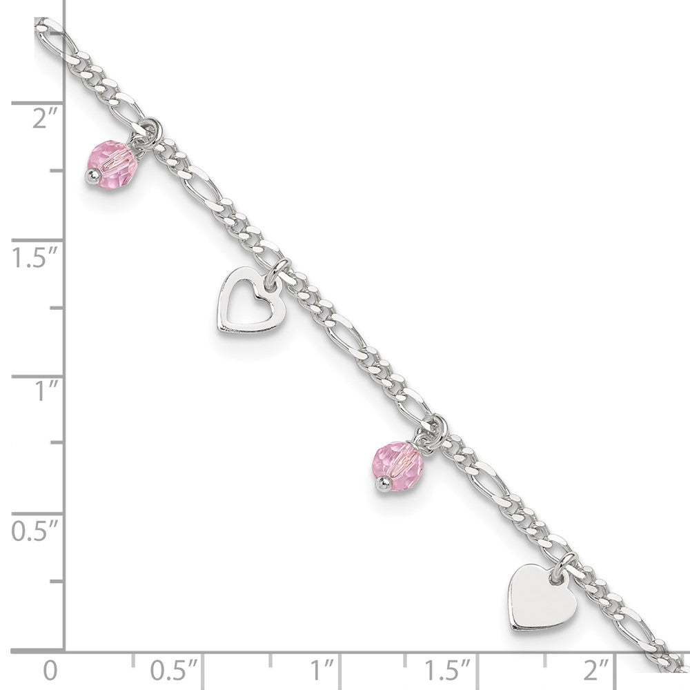 Sterling Silver Pink Glass Beads And Polished Hearts 9 Inch Anklet With 1 Extension