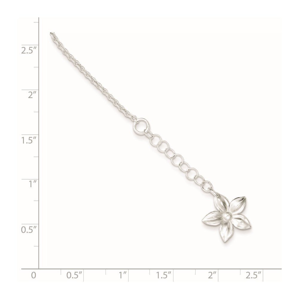 Sterling Silver Polished Flower 9In Plus 1In Ext. Anklet