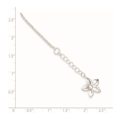 Sterling Silver Polished Flower 9In Plus 1In Ext. Anklet