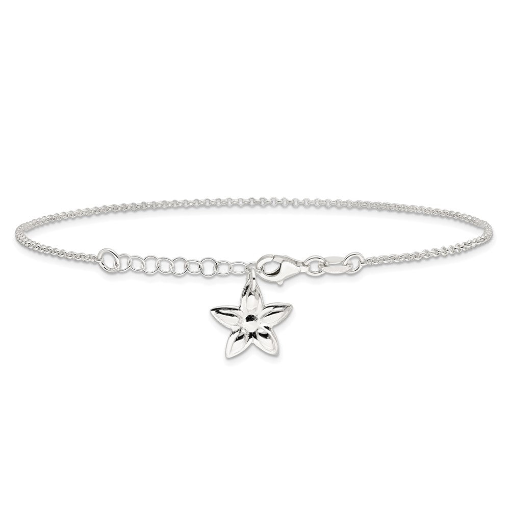 Sterling Silver Polished Flower 9In Plus 1In Ext. Anklet
