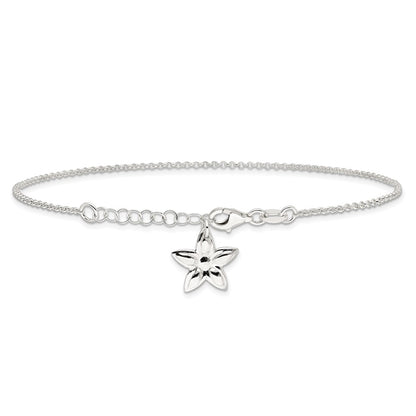 Sterling Silver Polished Flower 9In Plus 1In Ext. Anklet