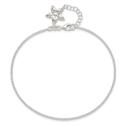 Sterling Silver Polished Flower 9In Plus 1In Ext. Anklet