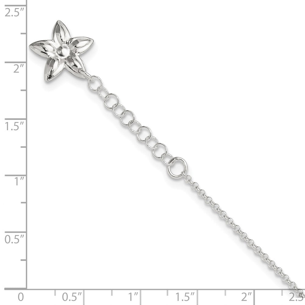 Sterling Silver Polished Flower 9In Plus 1In Ext. Anklet