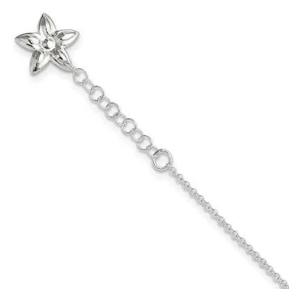 Sterling Silver Polished Flower 9In Plus 1In Ext. Anklet