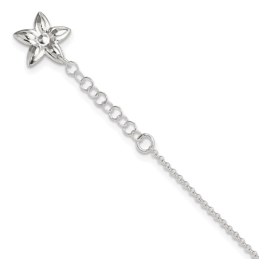 Sterling Silver Polished Flower 9In Plus 1In Ext. Anklet