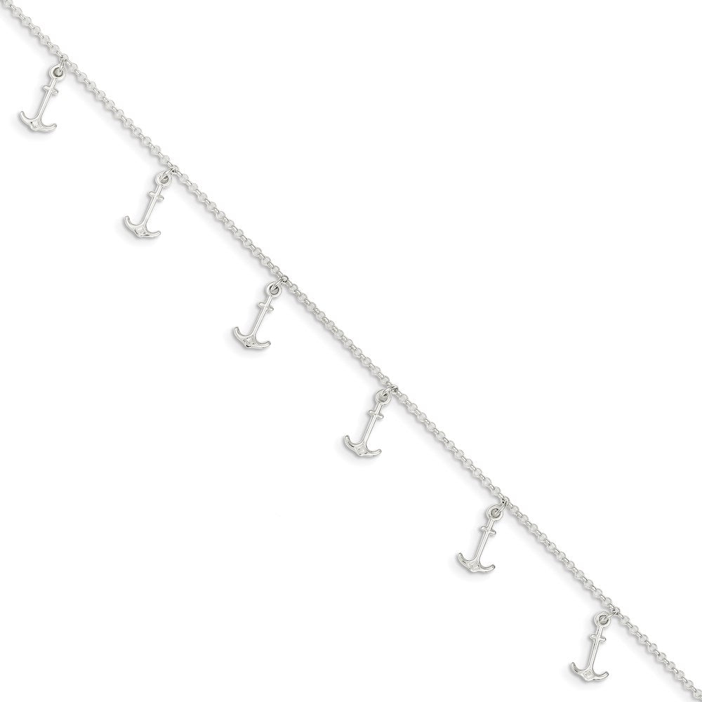 Sterling Silver Polished Anchors 9In Plus 1In Ext. Anklet