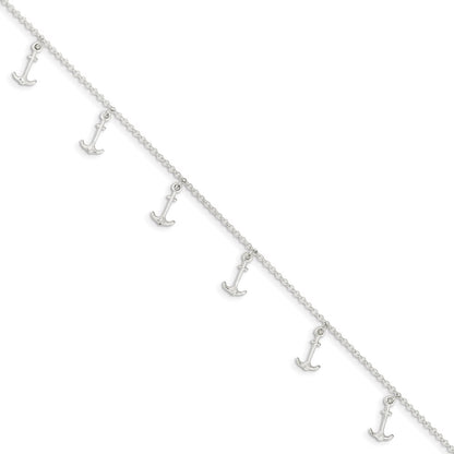 Sterling Silver Polished Anchors 9In Plus 1In Ext. Anklet