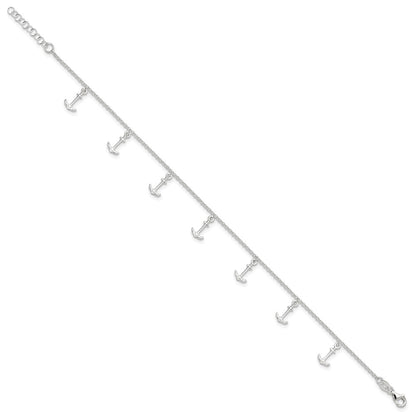 Sterling Silver Polished Anchors 9In Plus 1In Ext. Anklet