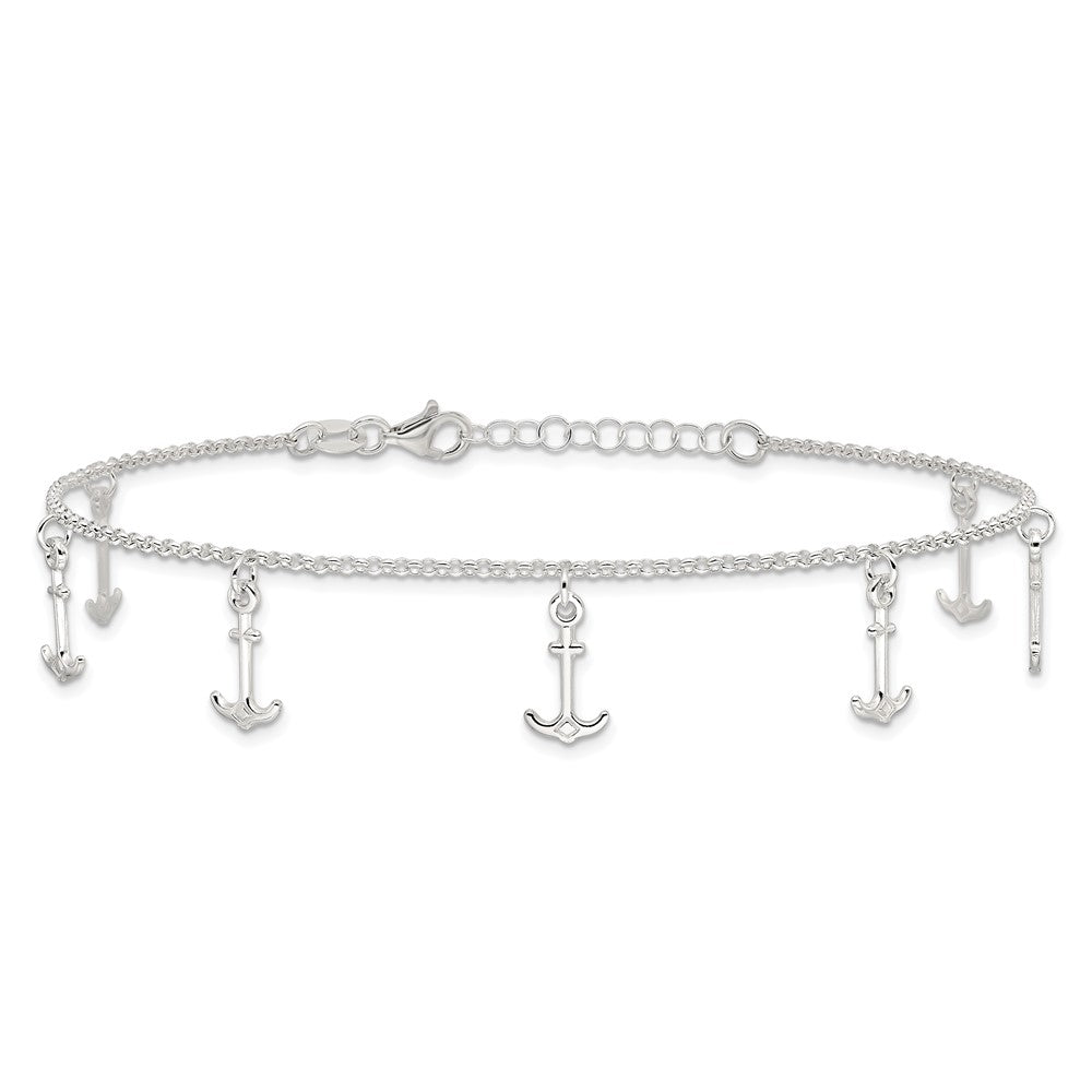Sterling Silver Polished Anchors 9In Plus 1In Ext. Anklet