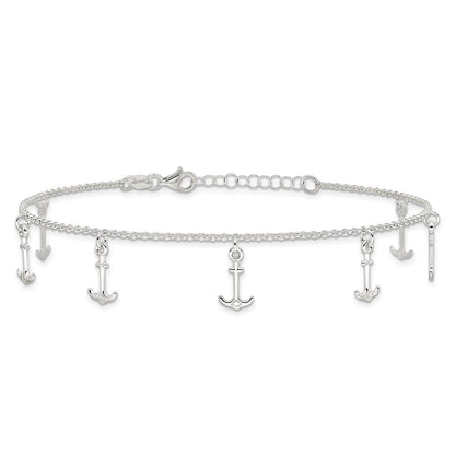 Sterling Silver Polished Anchors 9In Plus 1In Ext. Anklet