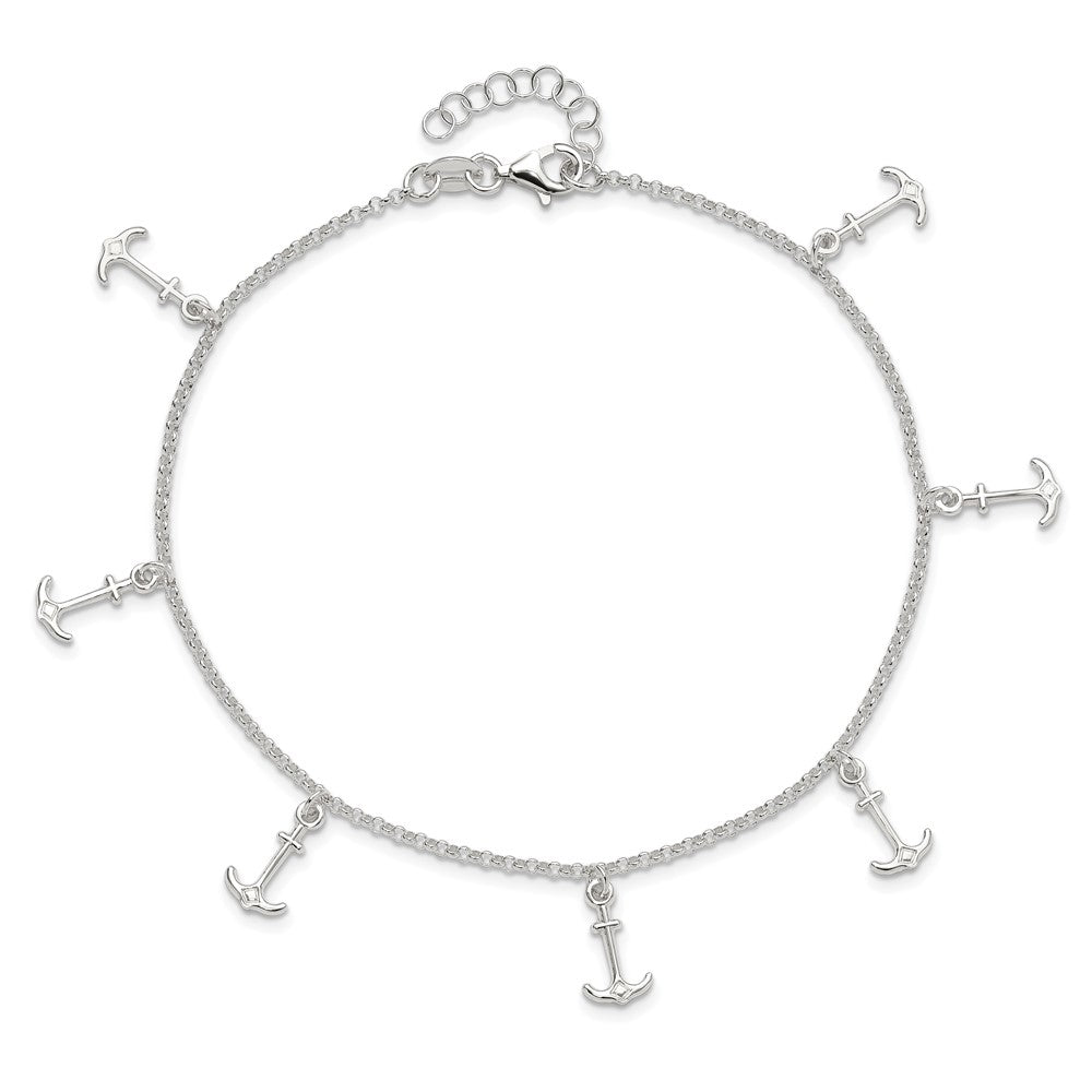 Sterling Silver Polished Anchors 9In Plus 1In Ext. Anklet
