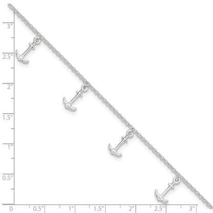 Sterling Silver Polished Anchors 9In Plus 1In Ext. Anklet
