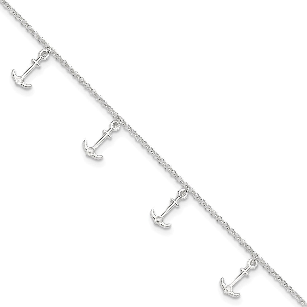 Sterling Silver Polished Anchors 9In Plus 1In Ext. Anklet