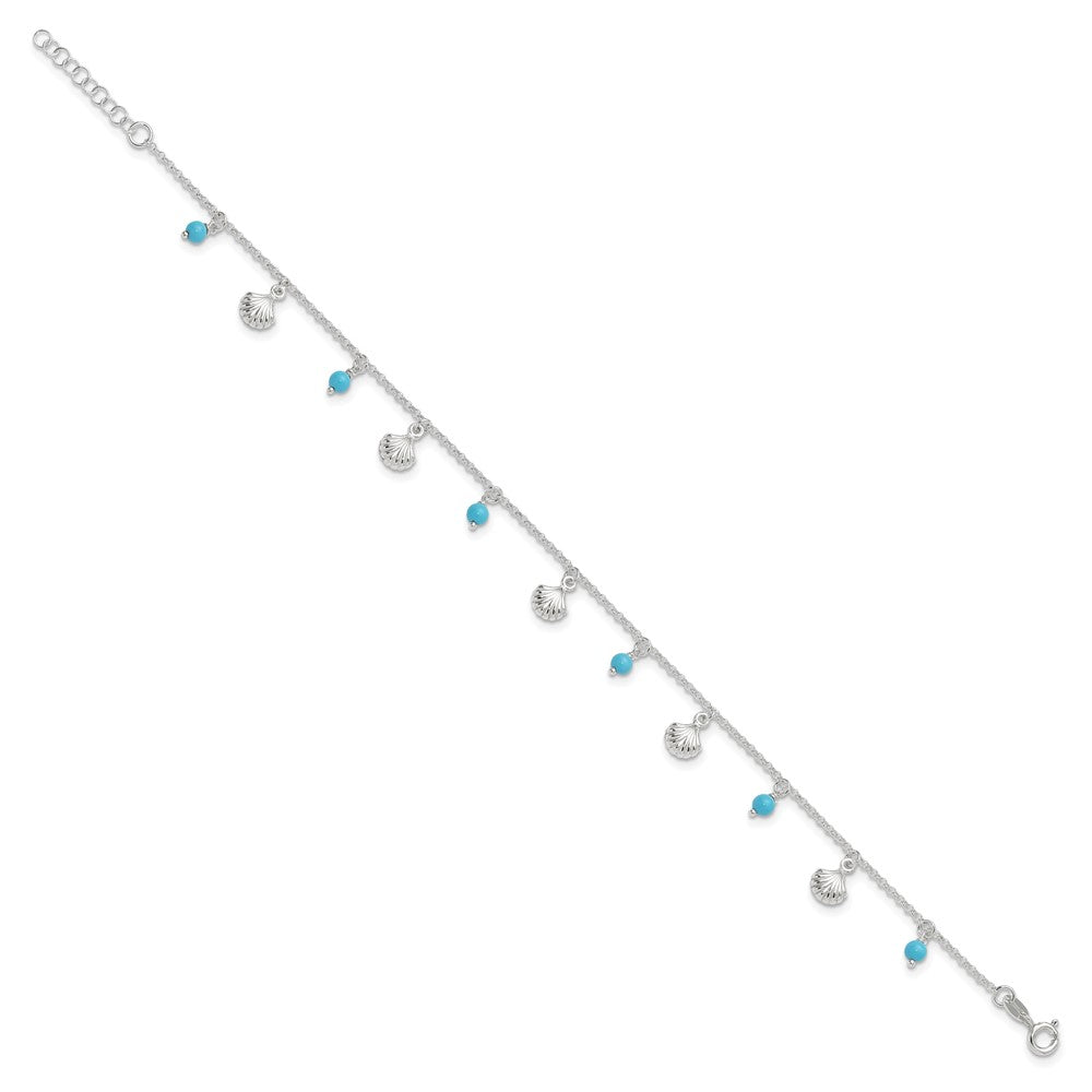 Sterling Silver Polished Shell And Turquoise 9In Plus 1In Ext. Anklet