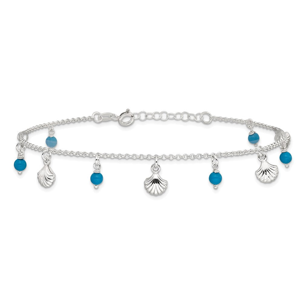 Sterling Silver Polished Shell And Turquoise 9In Plus 1In Ext. Anklet