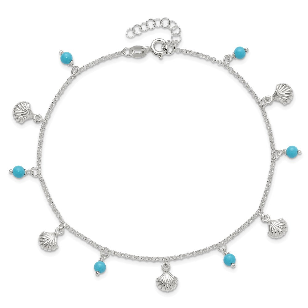 Sterling Silver Polished Shell And Turquoise 9In Plus 1In Ext. Anklet