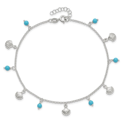 Sterling Silver Polished Shell And Turquoise 9In Plus 1In Ext. Anklet