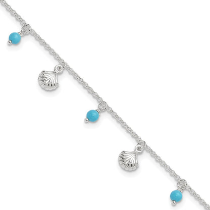 Sterling Silver Polished Shell And Turquoise 9In Plus 1In Ext. Anklet