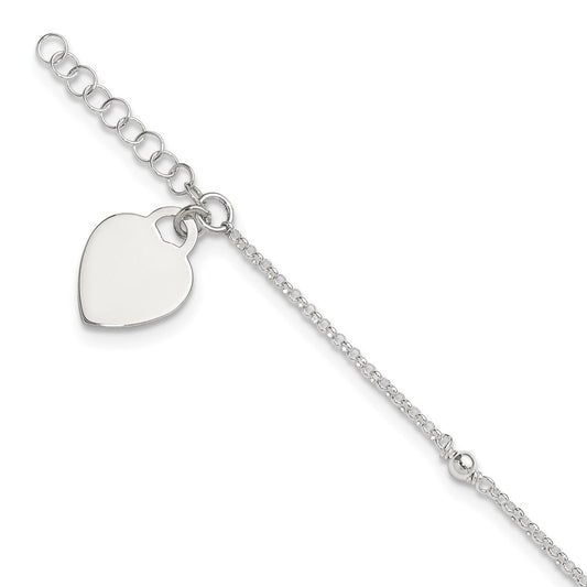 Sterling Silver Polished Bead And Heart 9In Plus 1In Ext. Anklet