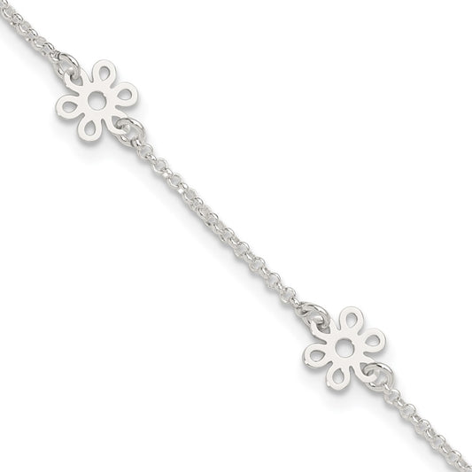Sterling Silver Polished Flower 9In Plus 1In Ext. Anklet