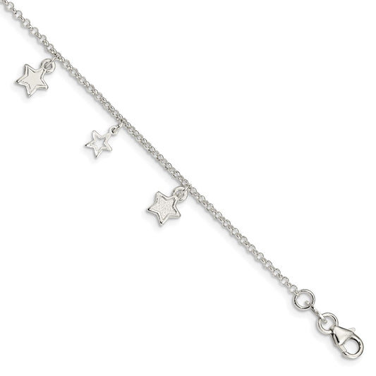 6 Inch Sterling Silver Polished & Textured Stars Children'S Bracelet