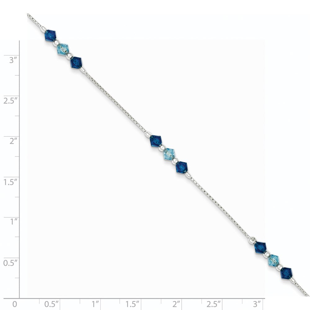 7.5 Inch Sterling Silver Polished Aquamarine Capri Blue Glass Bead Bracelet