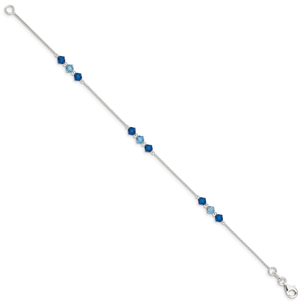 7.5 Inch Sterling Silver Polished Aquamarine Capri Blue Glass Bead Bracelet