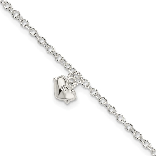 7 Inch Sterling Silver Polished Heart With 1.5In Extension Children'S Bracelet