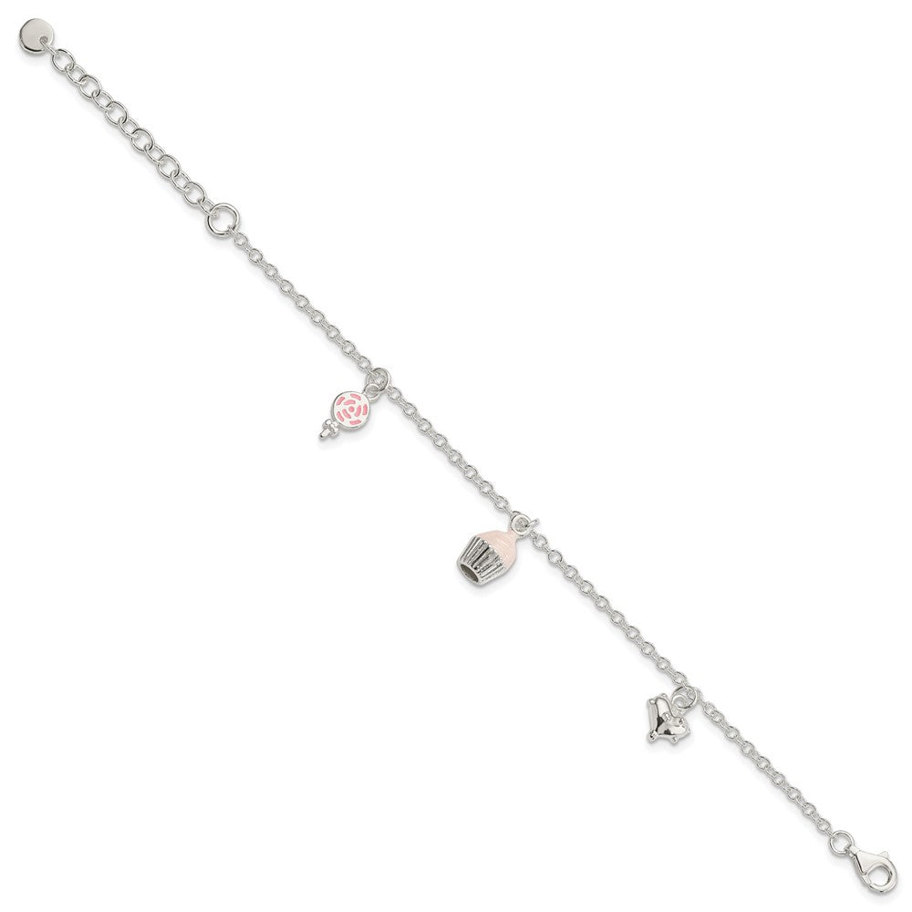 7 Inch Sterling Silver Polished Pink & White Enameled Lollipop, Cupcake Heart With 1.5 Extension Children'S Bracelet