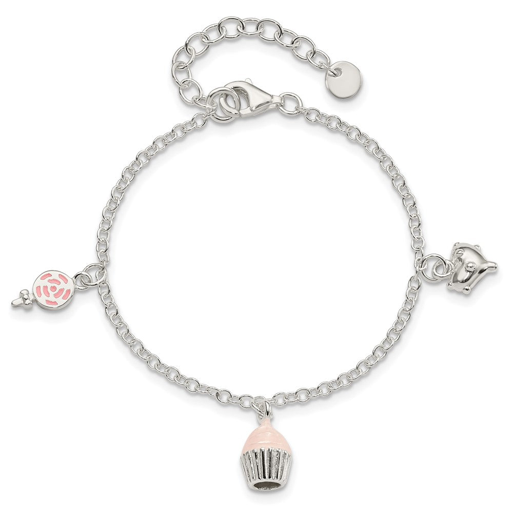7 Inch Sterling Silver Polished Pink & White Enameled Lollipop, Cupcake Heart With 1.5 Extension Children'S Bracelet