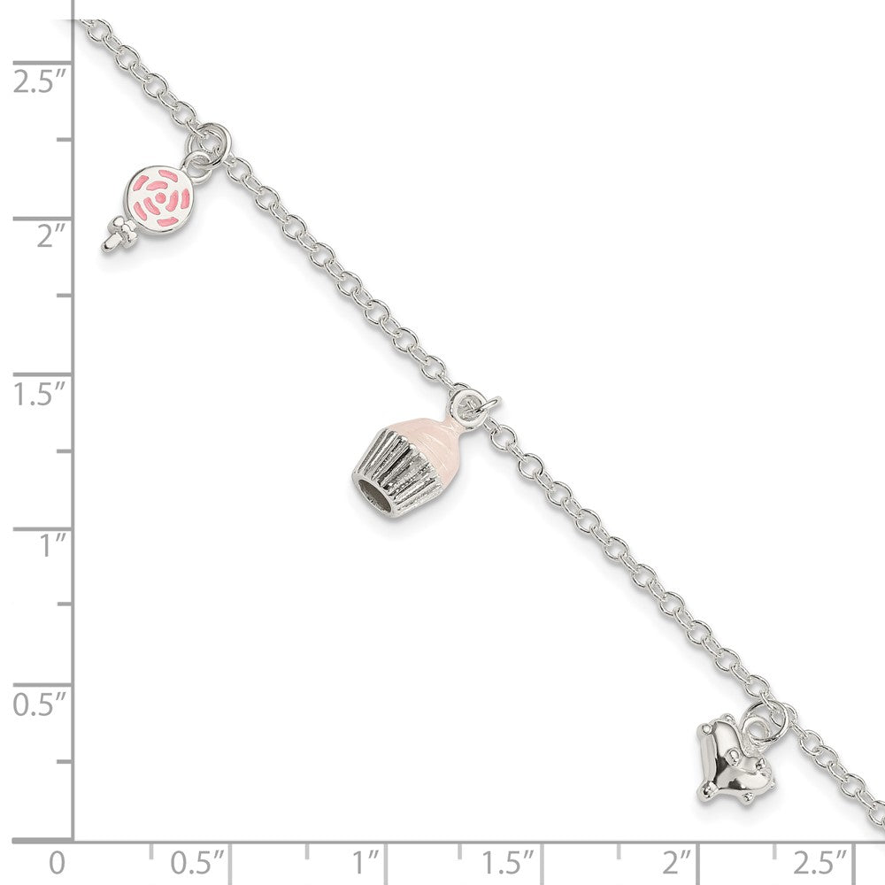 7 Inch Sterling Silver Polished Pink & White Enameled Lollipop, Cupcake Heart With 1.5 Extension Children'S Bracelet