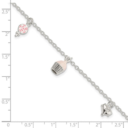 7 Inch Sterling Silver Polished Pink & White Enameled Lollipop, Cupcake Heart With 1.5 Extension Children'S Bracelet