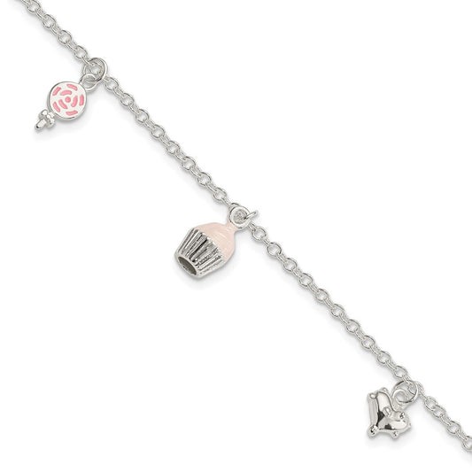 7 Inch Sterling Silver Polished Pink & White Enameled Lollipop, Cupcake Heart With 1.5 Extension Children'S Bracelet