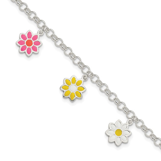6 Inch Sterling Silver Polished Multi-Color Enamel Flowers Children'S Bracelet