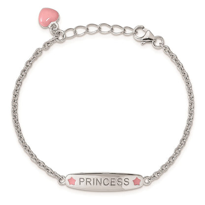 7 Inch Sterling Silver Rhodium-Plated Polished & Pink Enameled Princess With 1 Extension Children'S Bracelet