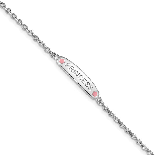 7 Inch Sterling Silver Rhodium-Plated Polished & Pink Enameled Princess With 1 Extension Children'S Bracelet