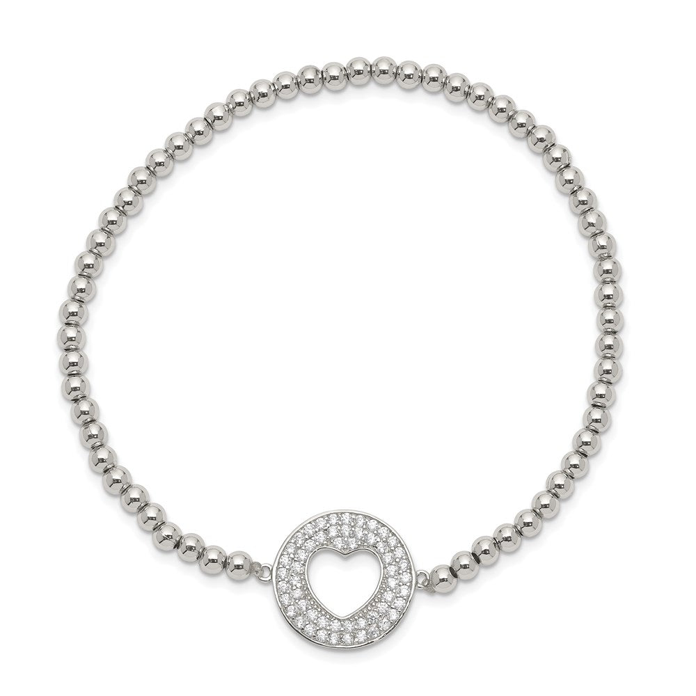 Sterling Silver Rhodium-Plated Polished Beaded Cz Heart Punched Circle Stretch Bracelet