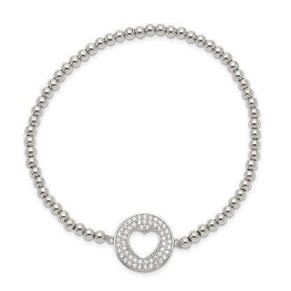 Sterling Silver Rhodium-Plated Polished Beaded Cz Heart Punched Circle Stretch Bracelet