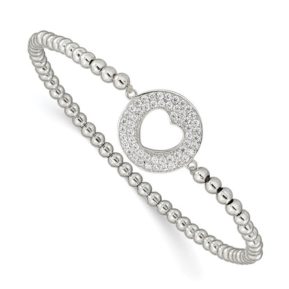 Sterling Silver Rhodium-Plated Polished Beaded Cz Heart Punched Circle Stretch Bracelet