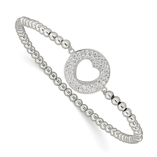 Sterling Silver Rhodium-Plated Polished Beaded Cz Heart Punched Circle Stretch Bracelet