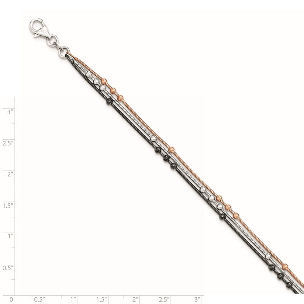 Sterling Silver Rose-Tone/Ruthenium-Plated Chain Bracelet W/1 Ext.