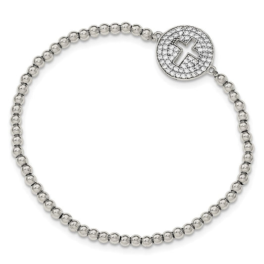 Sterling Silver Rhodium-Plated Cz Cross Polished Beaded Stretch Bracelet
