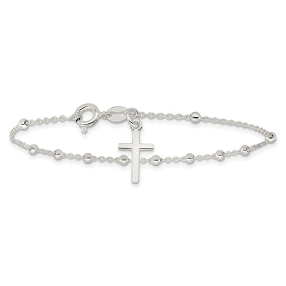 7.5 Inch Sterling Silver Beaded Cross Charm Bracelet