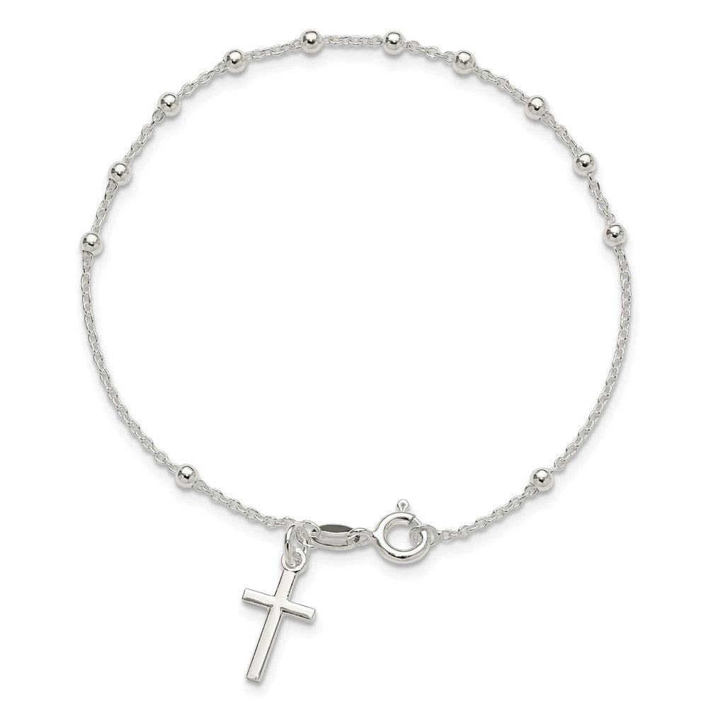 7.5 Inch Sterling Silver Beaded Cross Charm Bracelet