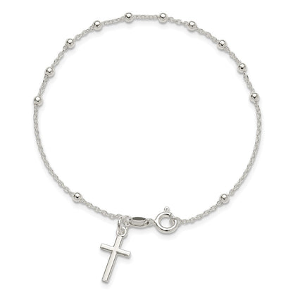 7.5 Inch Sterling Silver Beaded Cross Charm Bracelet