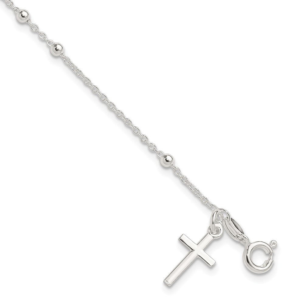 7.5 Inch Sterling Silver Beaded Cross Charm Bracelet
